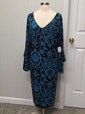 Sami Jo Elegant Blue Pattern V-Neck Women’s Dress Shift 2XL